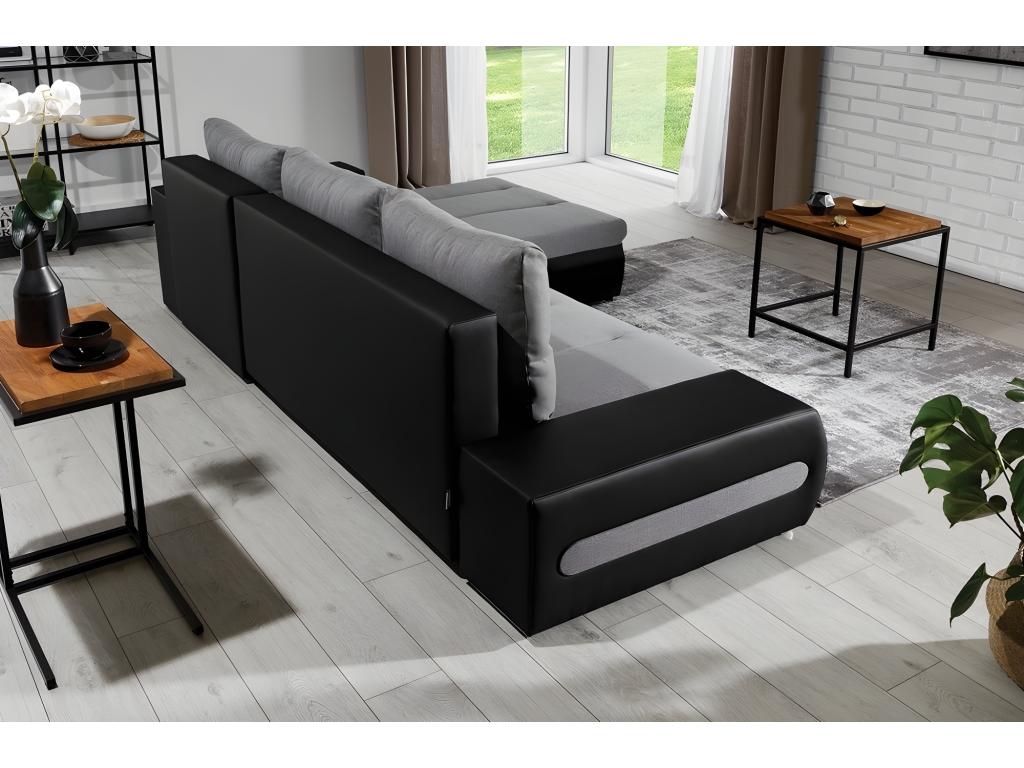 5-seater corner sofa bed in luxury grey fabric and black faux leather, right-hand corner as seen from the front - Nobellea PIYD37054