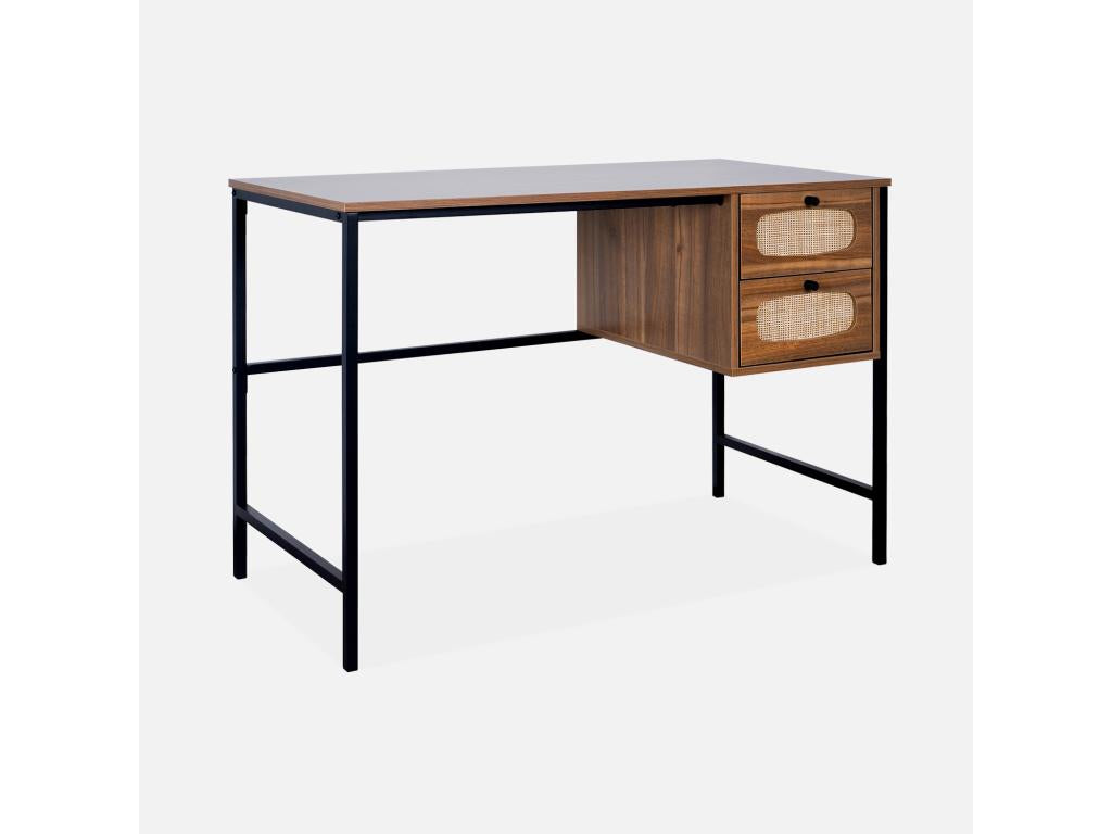 Retro desk with wood and cane decor, black metal legs and handles ZZRJ09166