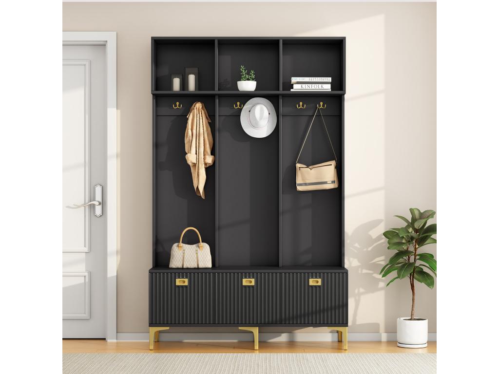 Locker with bench, 3 doors and coat rack - 120x23.5x191.5 - Particleboard - Black EROF22074