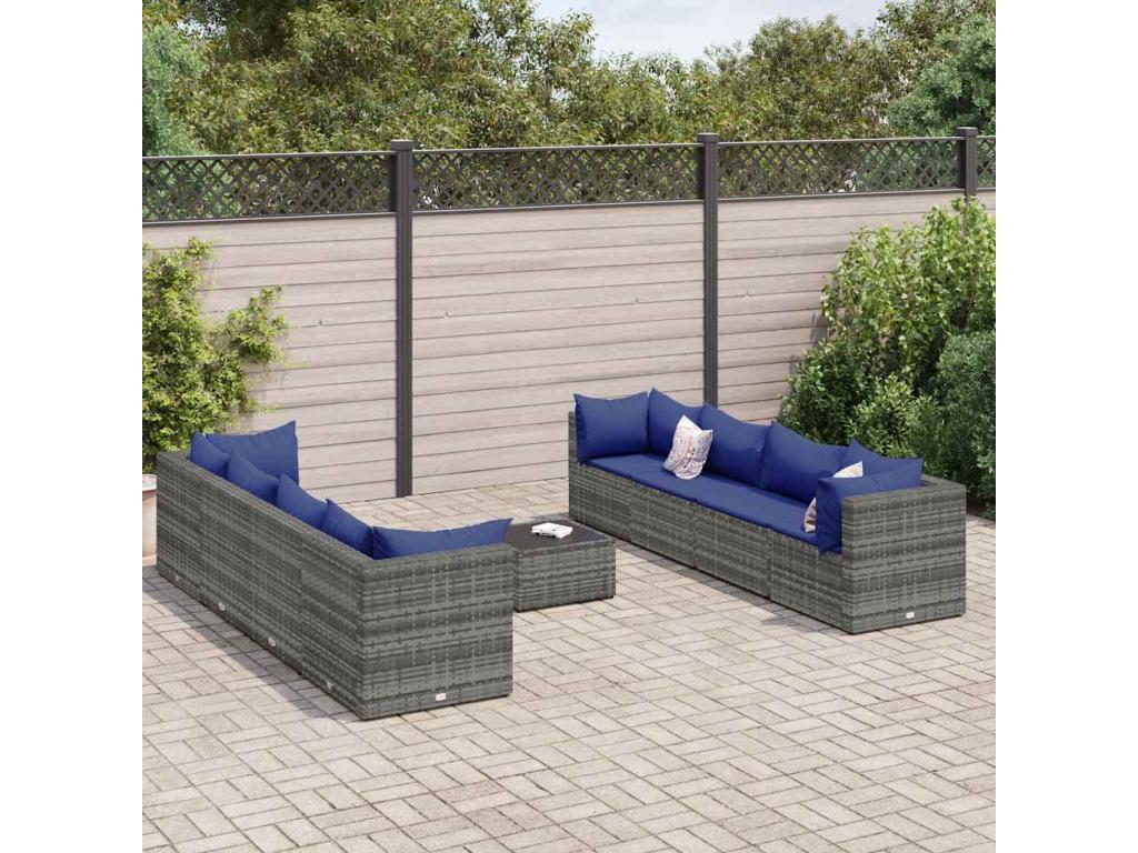 9-piece garden furniture set with cushions, Grey Wicker Resin BOAE16285