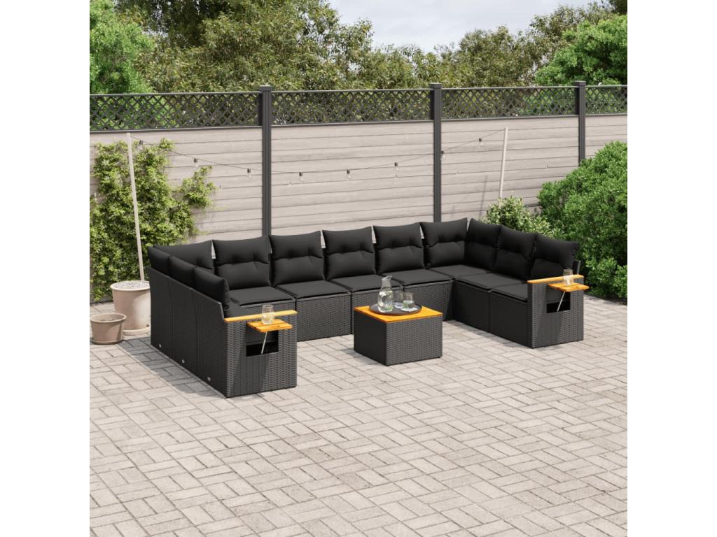 11-piece garden furniture set with cushions, black woven resin VITK00408