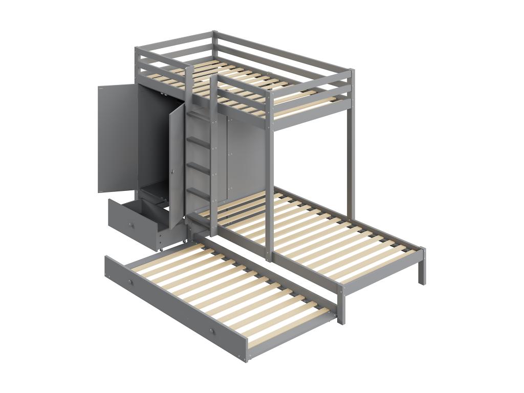 Bunk beds 2x90x200 cm with trundle bed 190x90 cm - Wardrobe with drawer and storage shelves - Pine wood and MDF - Grey color ZOTV53712