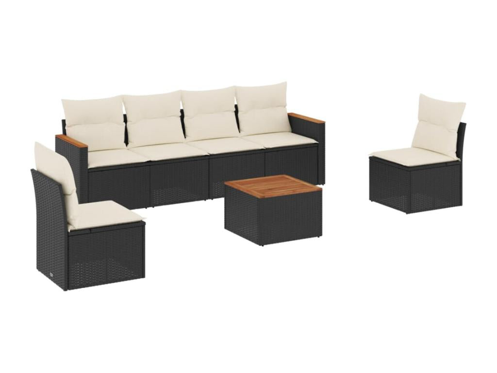 7-piece garden furniture set with cushions, black woven resin VSWT43688
