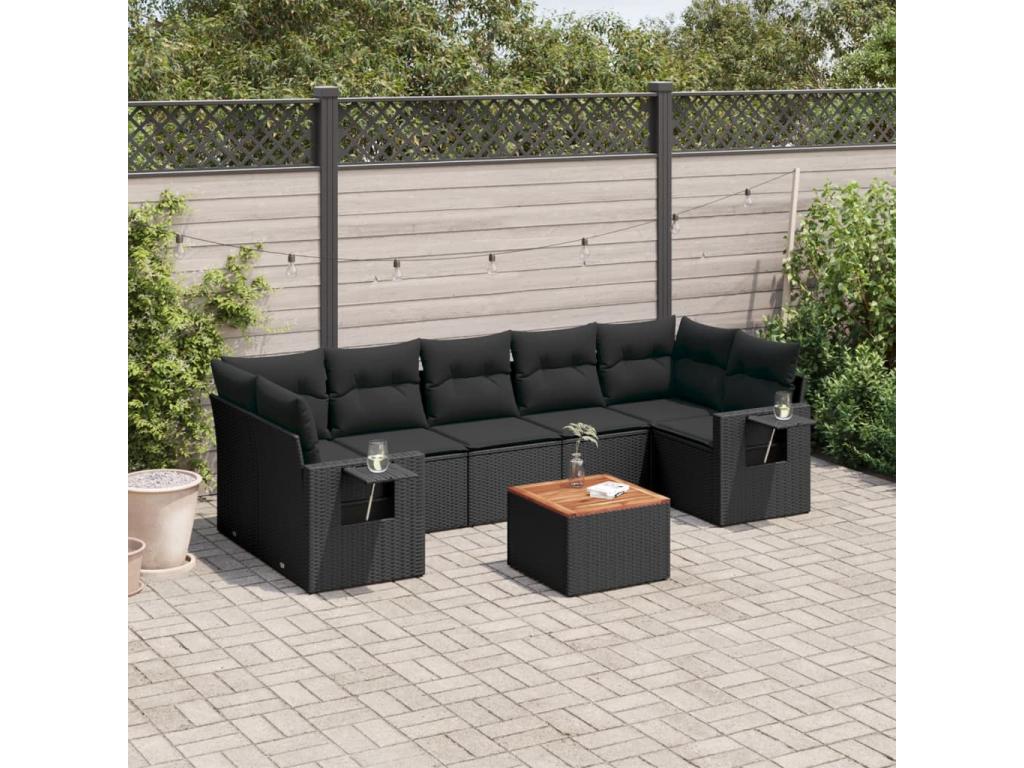 8-piece garden furniture set with cushions, black resin wicker ASHF17792
