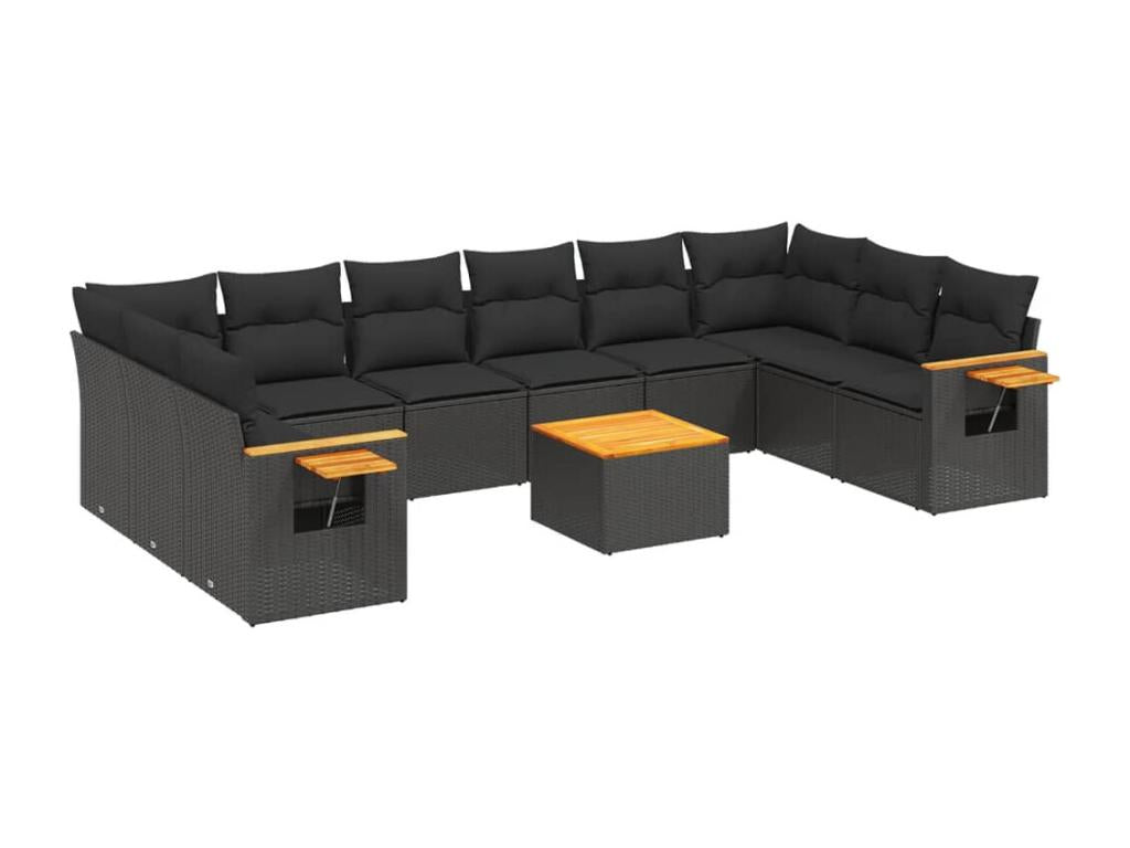 11-piece garden furniture set with cushions, black woven resin VITK00408