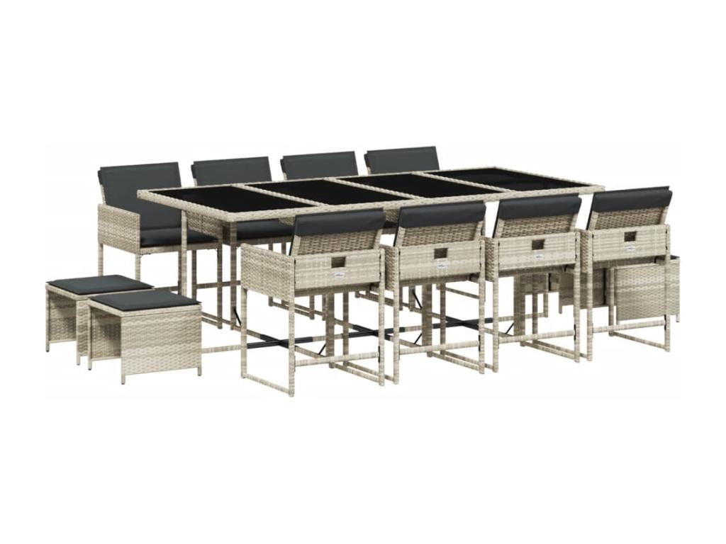 13-piece garden dining set and cushions, light grey rattan ZCLM48945