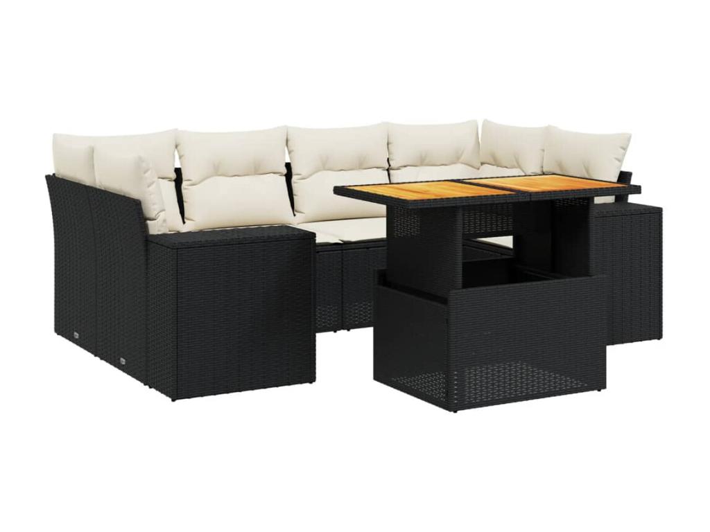 7-piece garden furniture set with cushions, black woven resin ELFC65717