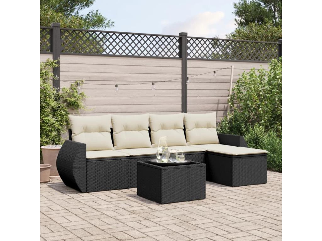 6-piece garden furniture set with cushions, black woven resin SRPB49033