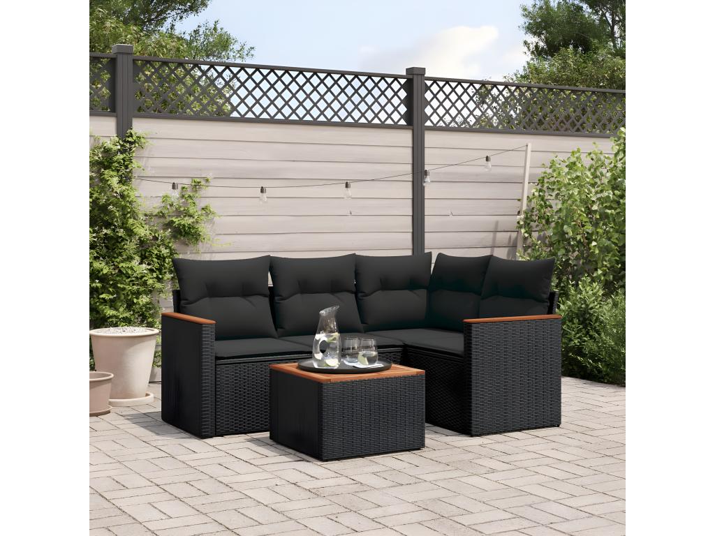 5-piece garden furniture set with cushions, black woven resin LUPU15207