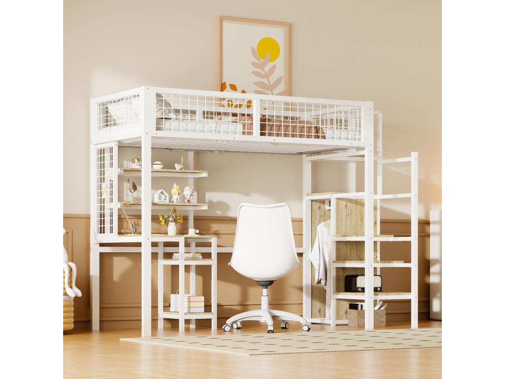 90x200cm loft bed, children's iron bed with safety ladder, computer desk, storage shelf, and wire mesh, white EHKE17702