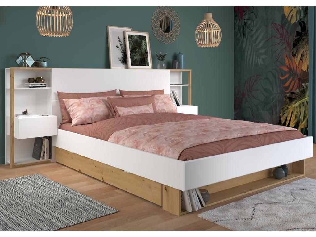 Bed with bedside tables and storage 160x200 cm - White and natural color - Slatted base and mattress - Nobellea WWLQ88518