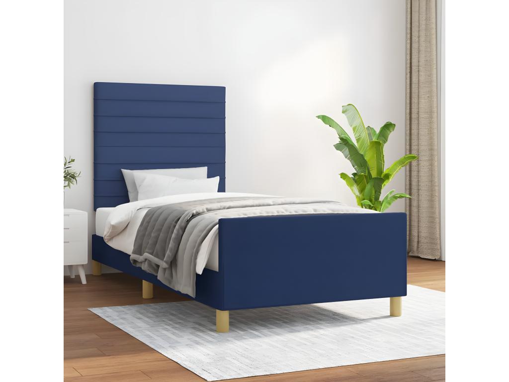 Bed frame with headboard, blue, 90x190 cm, fabric, KPJS86110