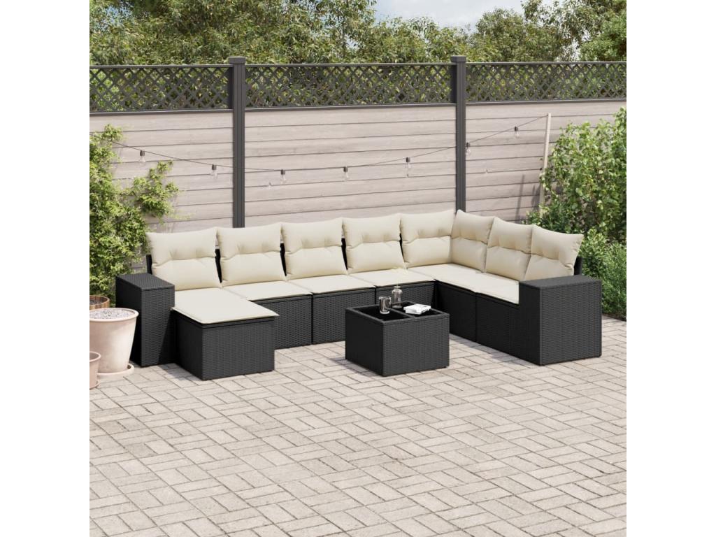 9-piece garden furniture set with cushions, black resin wicker GKDB03667