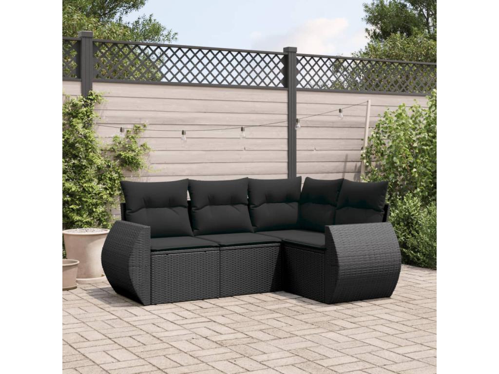 4-piece garden furniture set with cushions, black woven resin, ATHK68507