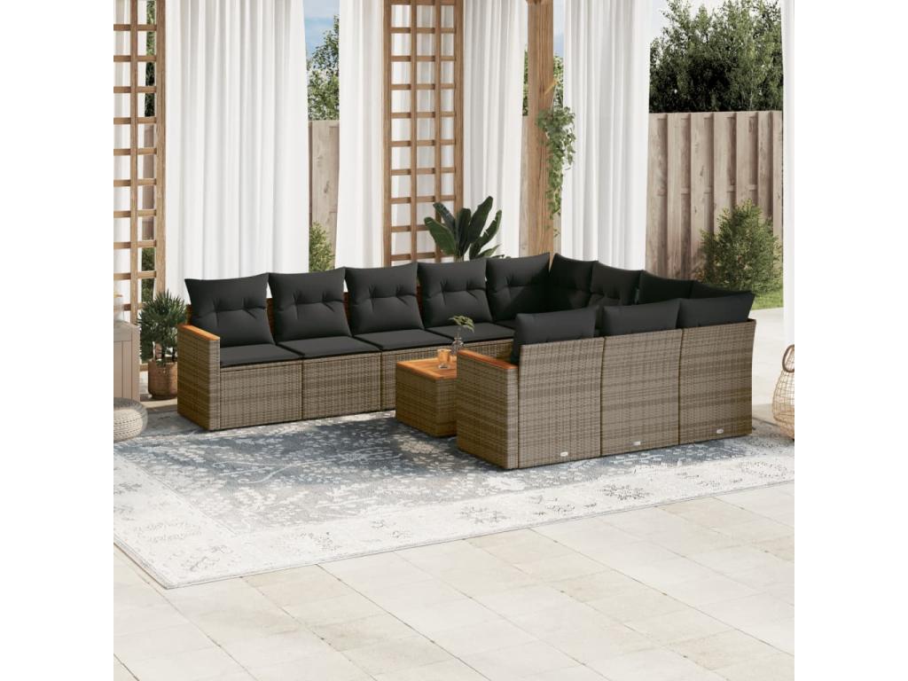 11-piece garden furniture set with grey resin wicker cushions EQOC33336