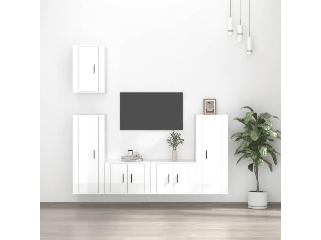 5-Piece TV Furniture Set, Glossy White, Engineered Wood, OOUR00947