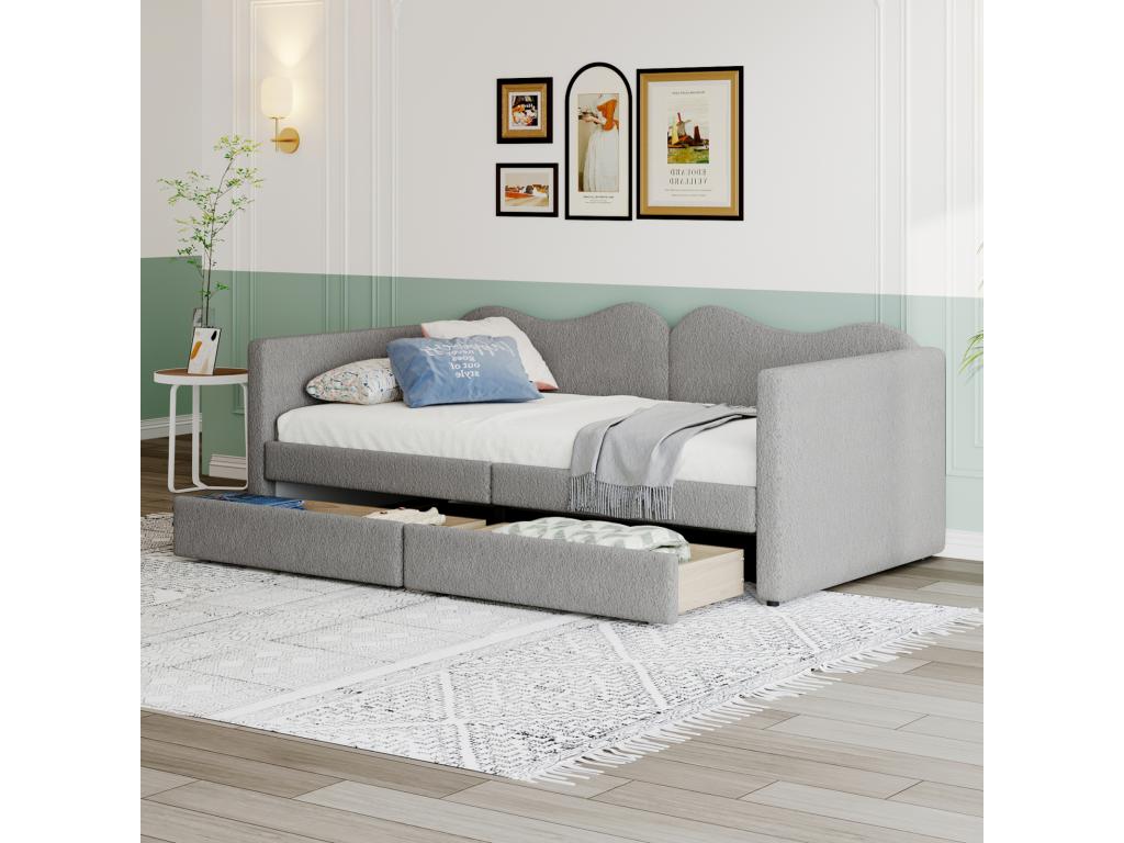 Single bed 90x200cm sofa bed with 2 drawers and slatted base by Dekonao in grey teddy bear fabric OZDD23316