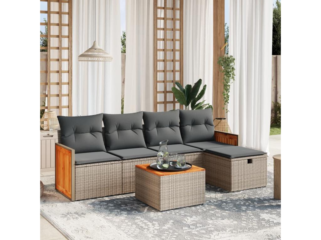 6-piece garden furniture set with grey resin wicker cushions HLGU73491