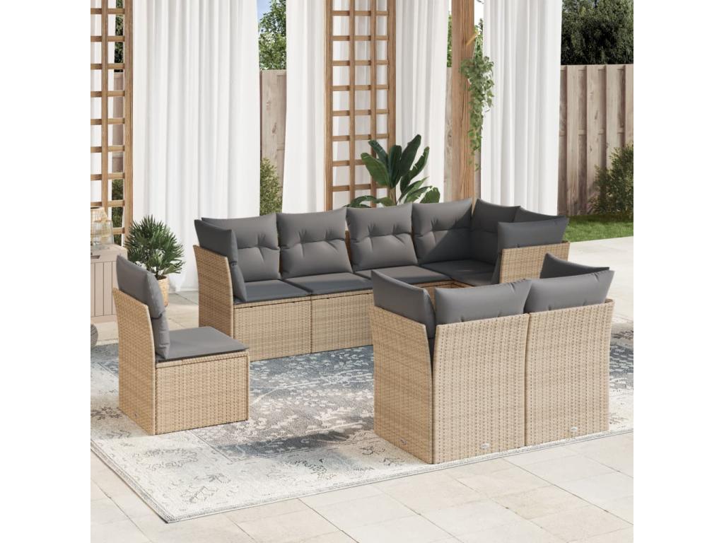 8-piece garden furniture set with cushions, beige woven resin QGOW72540