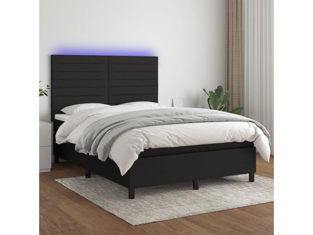 Upholstered bed base with mattress and LED lighting, black, 140x200 cm, fabric JJST25041