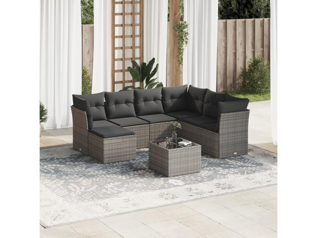 8-piece garden furniture set with grey resin wicker cushions BUED02781