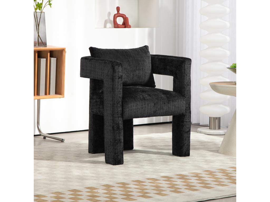 Scandinavian armchair with comfortable cushion, unique design with hollow armrests in chenille fabric, 60x44x65cm, black, PTLK78702
