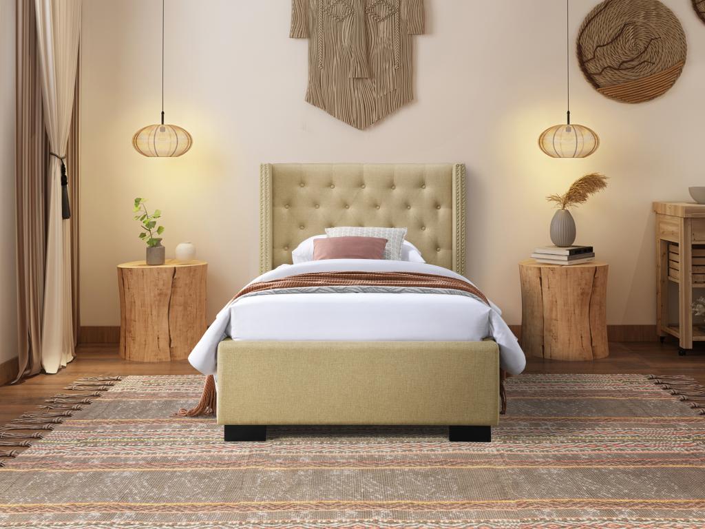 90x200 cm bed with upholstered headboard - Fabric - Beige - Boisona II GOEI08839