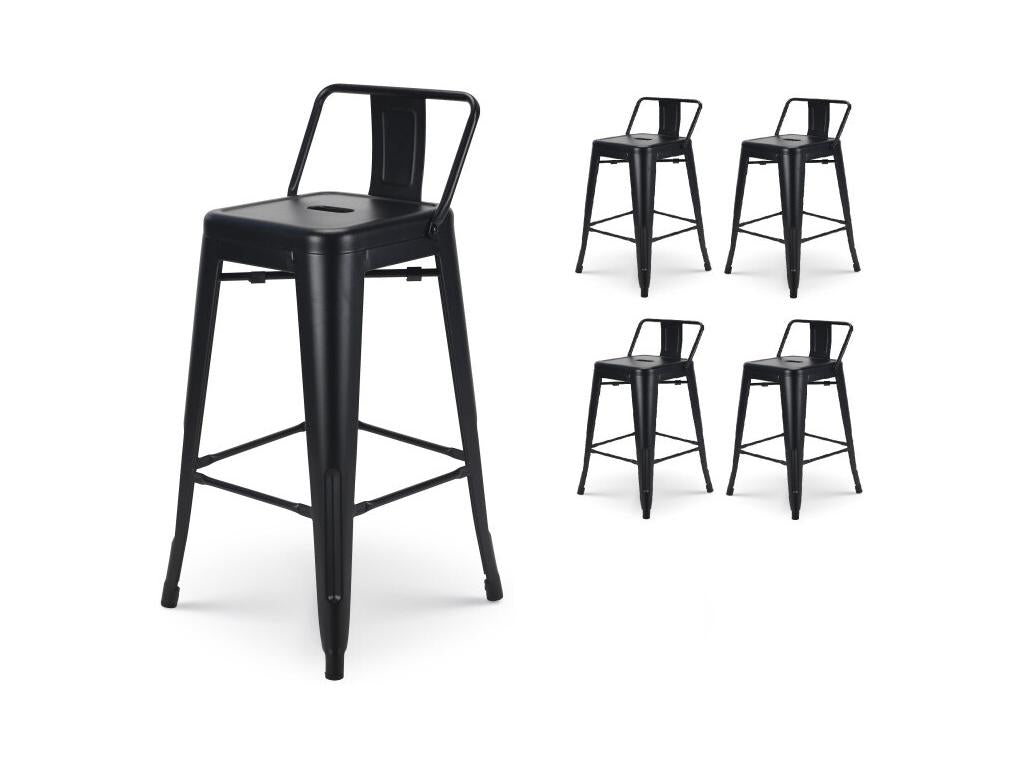Set of 4 industrial-style matte black metal bar stools - With backrest - Height 66cm OQTC58930