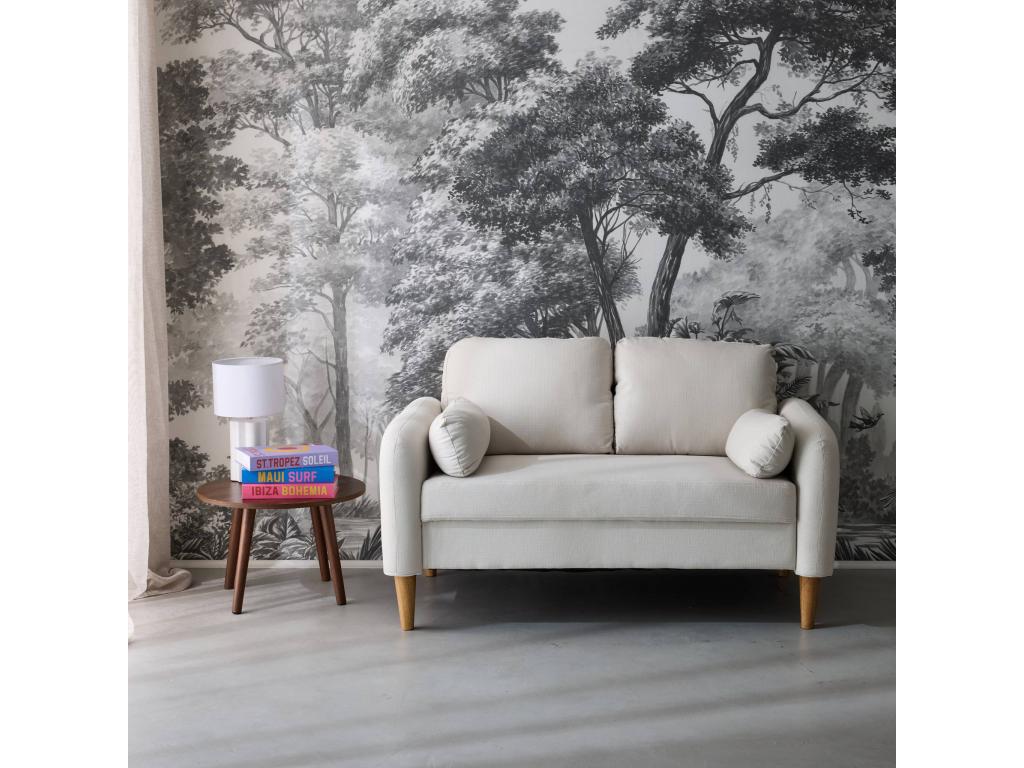 Rounded Scandinavian 2-seater sofa in white fabric with rubberwood legs IIIL20412