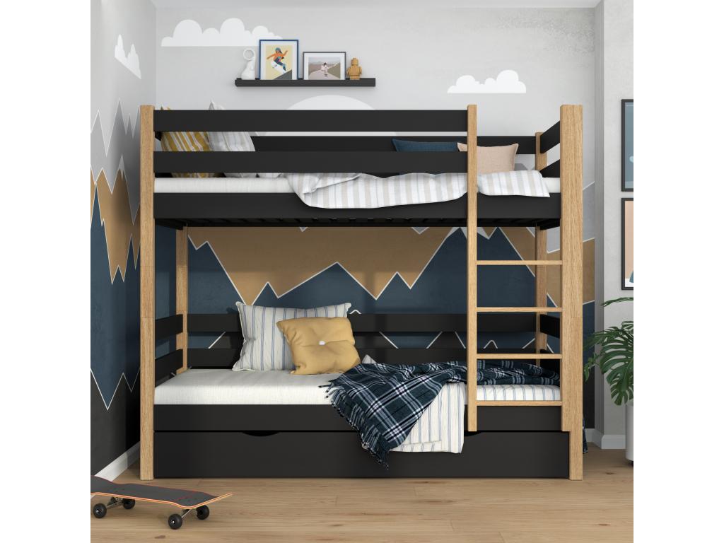 Wooden bunk bed - with drawer N01 Black / Natural Oak 120x200 AKLY53361