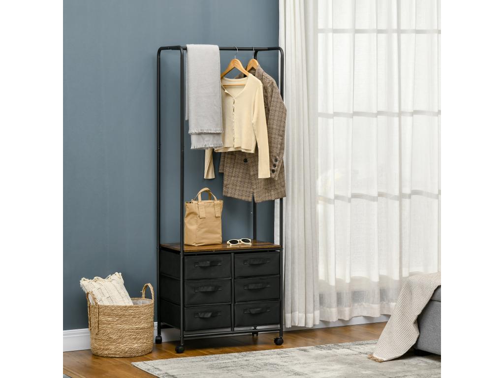 Industrial-style clothes rack on Nobellea, 6 drawers, black steel hanging rail, wood-effect panels, DSVF16122