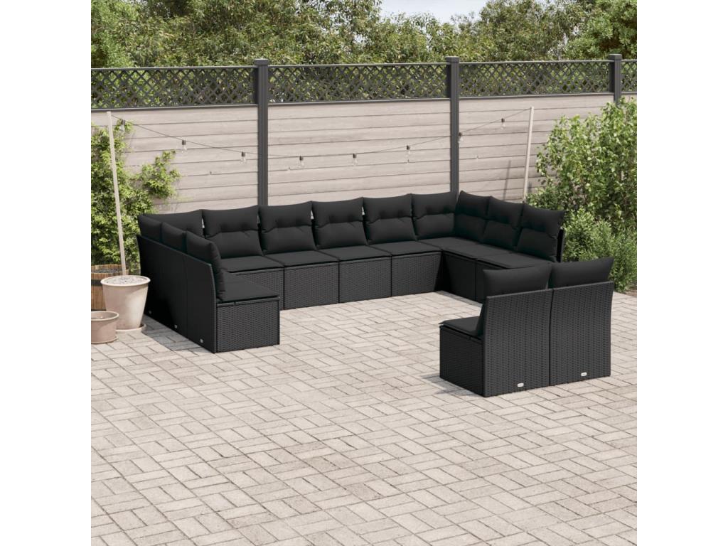 12-piece garden furniture set with cushions, black woven resin WCLF54996