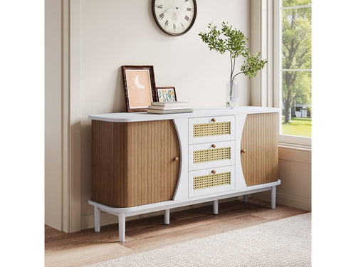 Low sideboard with 2 sliding doors and 3 drawers in rattan - 140.5x40x76 - Particleboard - White and natural HMLZ51816
