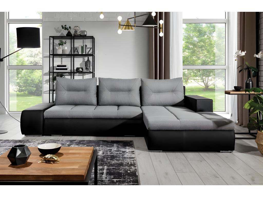 5-seater corner sofa bed in luxury grey fabric and black faux leather, right-hand corner as seen from the front - Nobellea PIYD37054