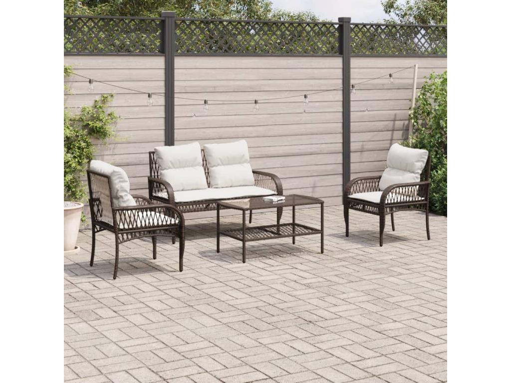 4-piece garden furniture set with brown resin wicker cushions QNAV90689