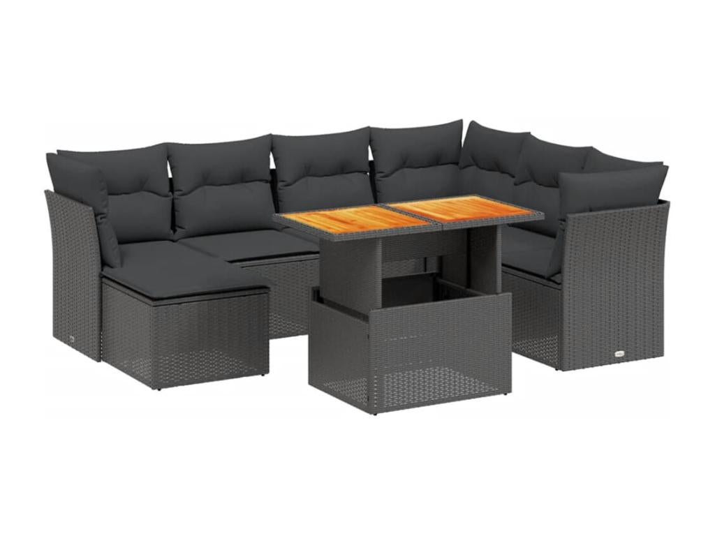 8-piece garden furniture set with cushions, black woven resin DZJH58824