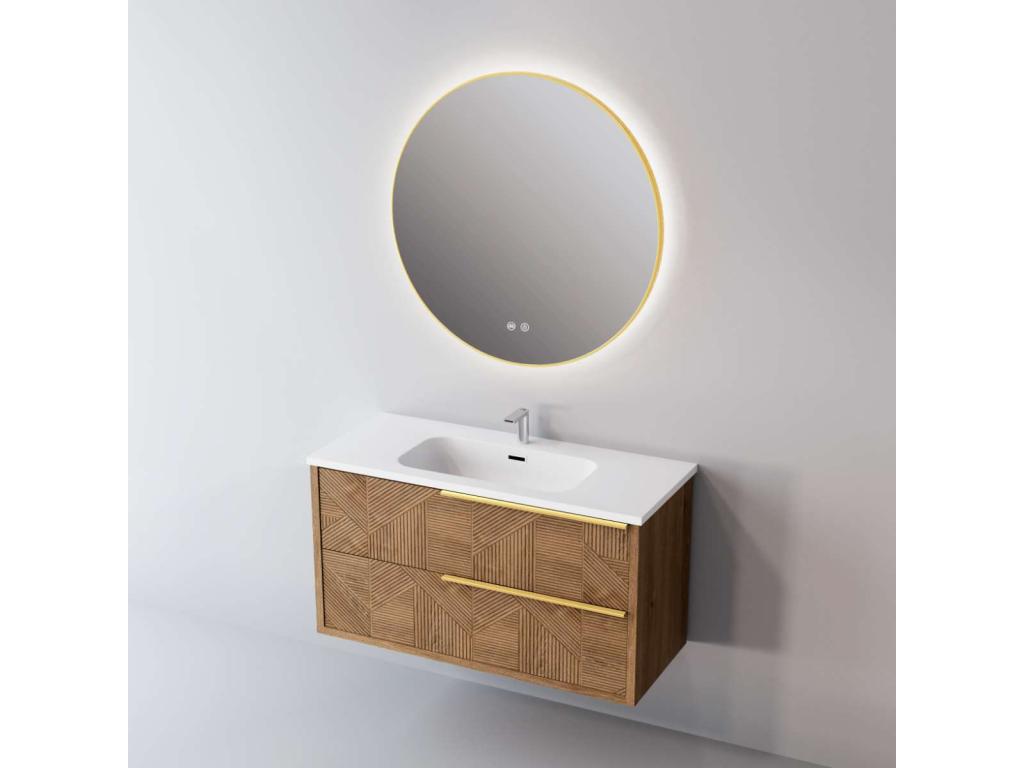 Bathroom vanity unit with washbasin, solid surface, 2 drawers, medium oak finish, gold handles, 100cm wide x 54cm high x 45cm deep, 3D effect, REEL ATND65398