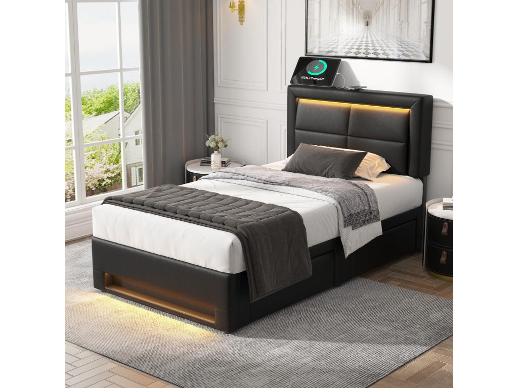 Upholstered bed 90x190 cm with USB port, supports wireless and wired charging, with LED lighting and four drawers, PU-Nobellea black GJFF36840