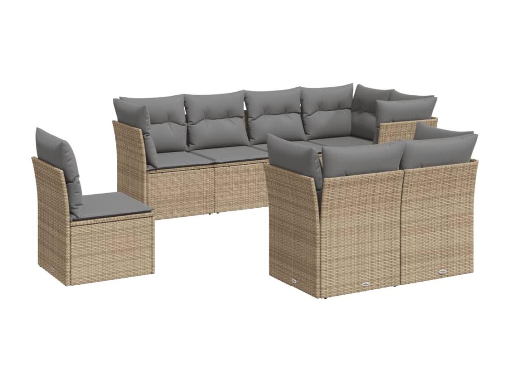 8-piece garden furniture set with cushions, beige woven resin QGOW72540