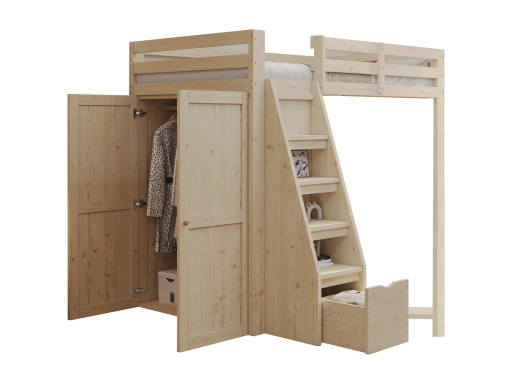 90x200 cm loft bed with wardrobe and 1 drawer - Solid wood plywood MDF - Nobellea slatted base - Natural finish, mattress not included YKHU65784