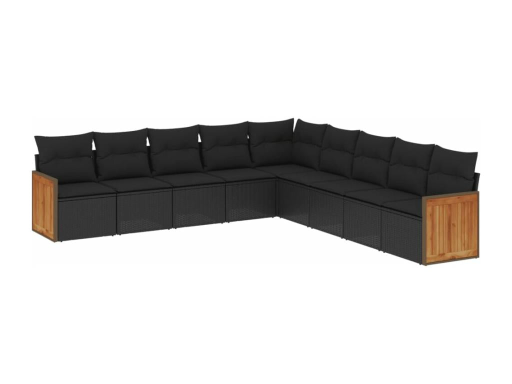 9-piece garden furniture set with cushions, black woven resin KFSJ69788