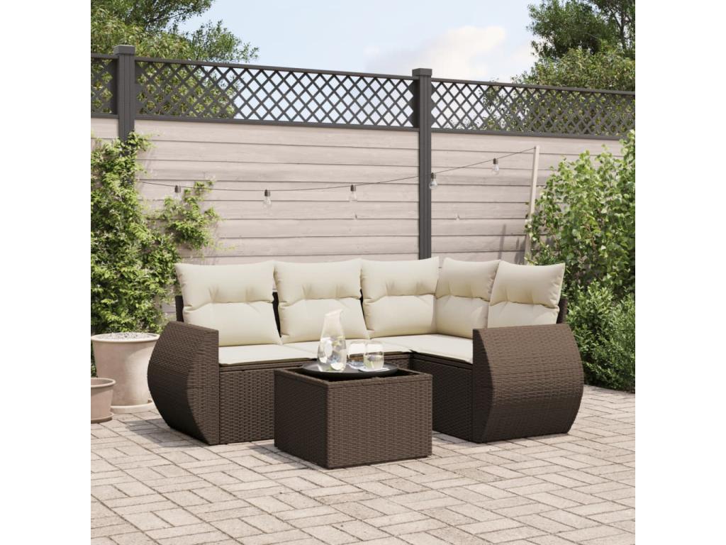 Garden furniture set with cushions, 5 pieces, brown woven resin, XXLK83975