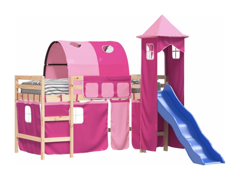 Children's loft bed with tower (mattress not included), pink, 80x200 cm, ZKJB18723