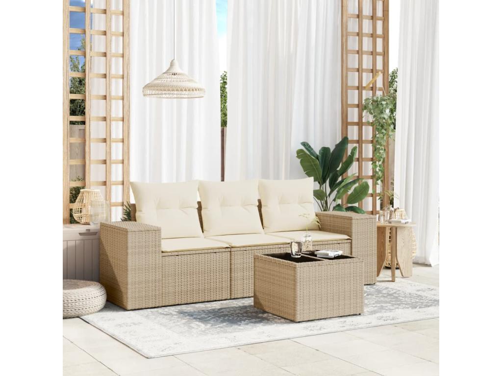 Garden furniture set with cushions, 4 pieces, beige woven resin QGBH17314