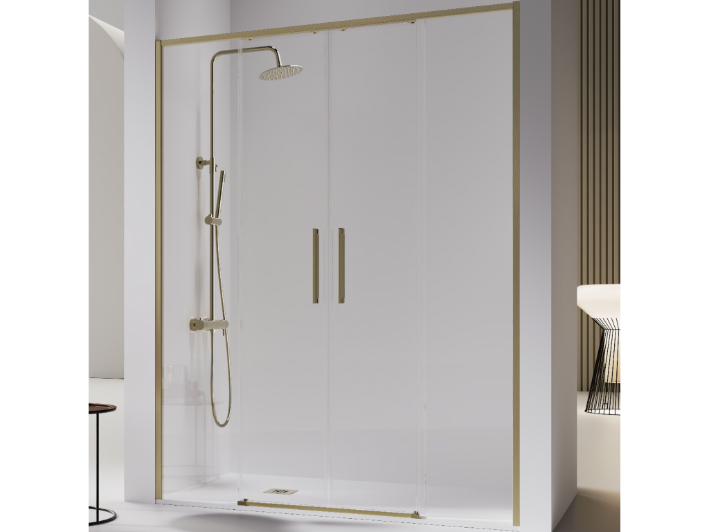 Boisona brushed gold shower enclosure with 2 fixed glass panels and 2 sliding doors, 159-161.6 cm, MNOV38922