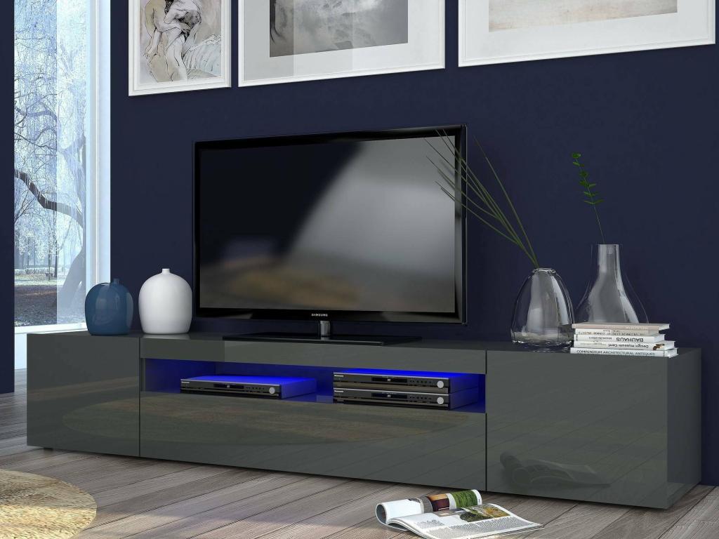 Boisona TV Stand, Low Sideboard with 3 Doors, TV Stand Base, Made in Italy, 200x40x37 cm, Glossy Anthracite, with Boisonaère LED Lighting, MOCS03914