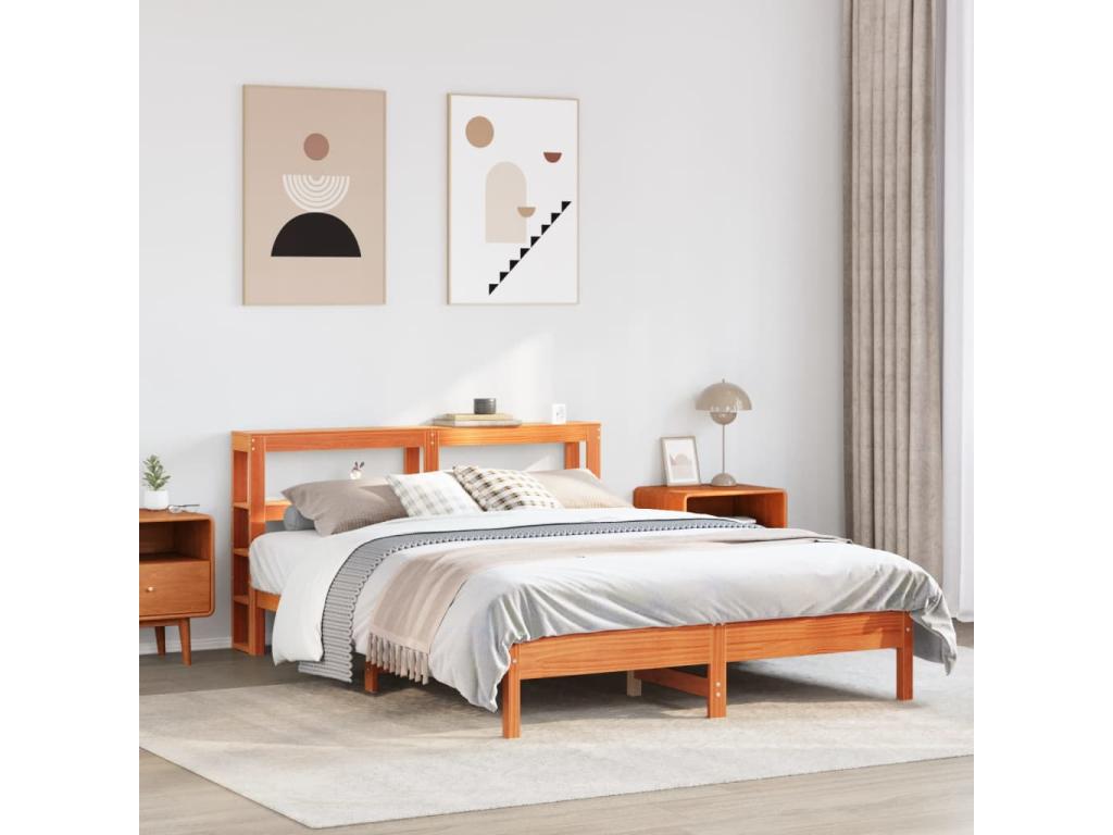 Bed frame without mattress, brown wax finish, 140x190cm, solid pine wood, PAAN95435