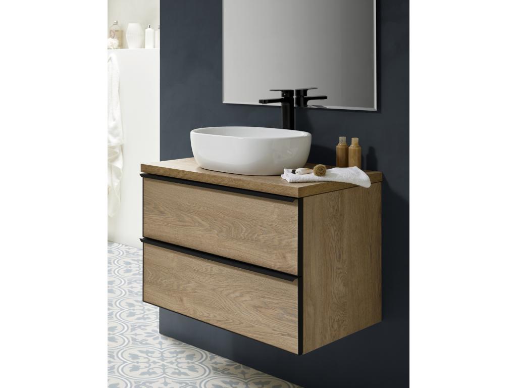 Bathroom vanity unit with 2 wall-mounted drawers in Nordic oak finish, countertop basin, and mirror - Length 60 x Height 50 x Depth 46.5 cm FIIQ76411