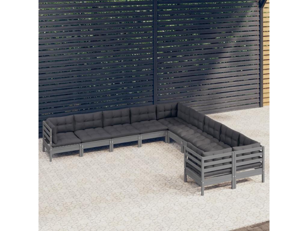 10-piece garden furniture set with cushions, Grey Pine Wood YOIP53096