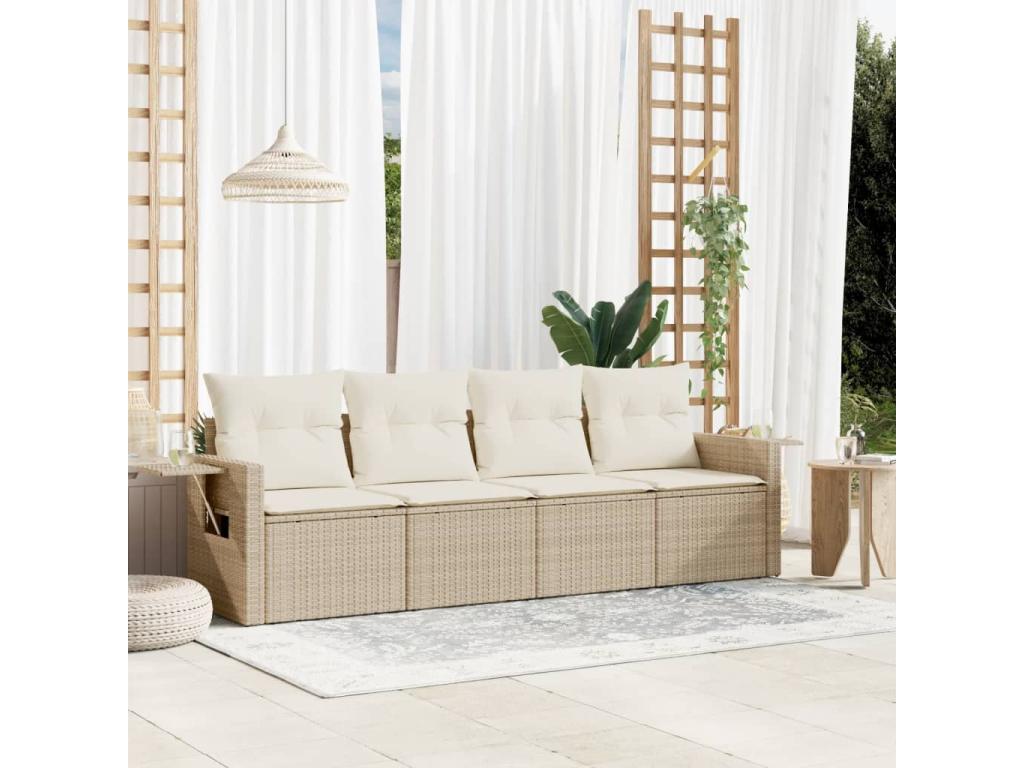 4-piece garden furniture set with cushions, beige woven resin KXYG07149